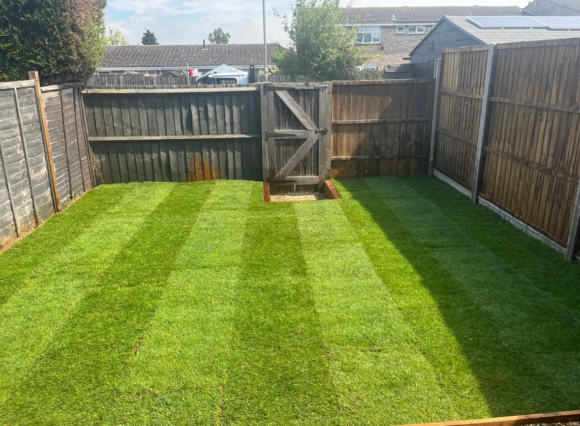 Fresh artificial turf installation in residential garden with wooden fencing